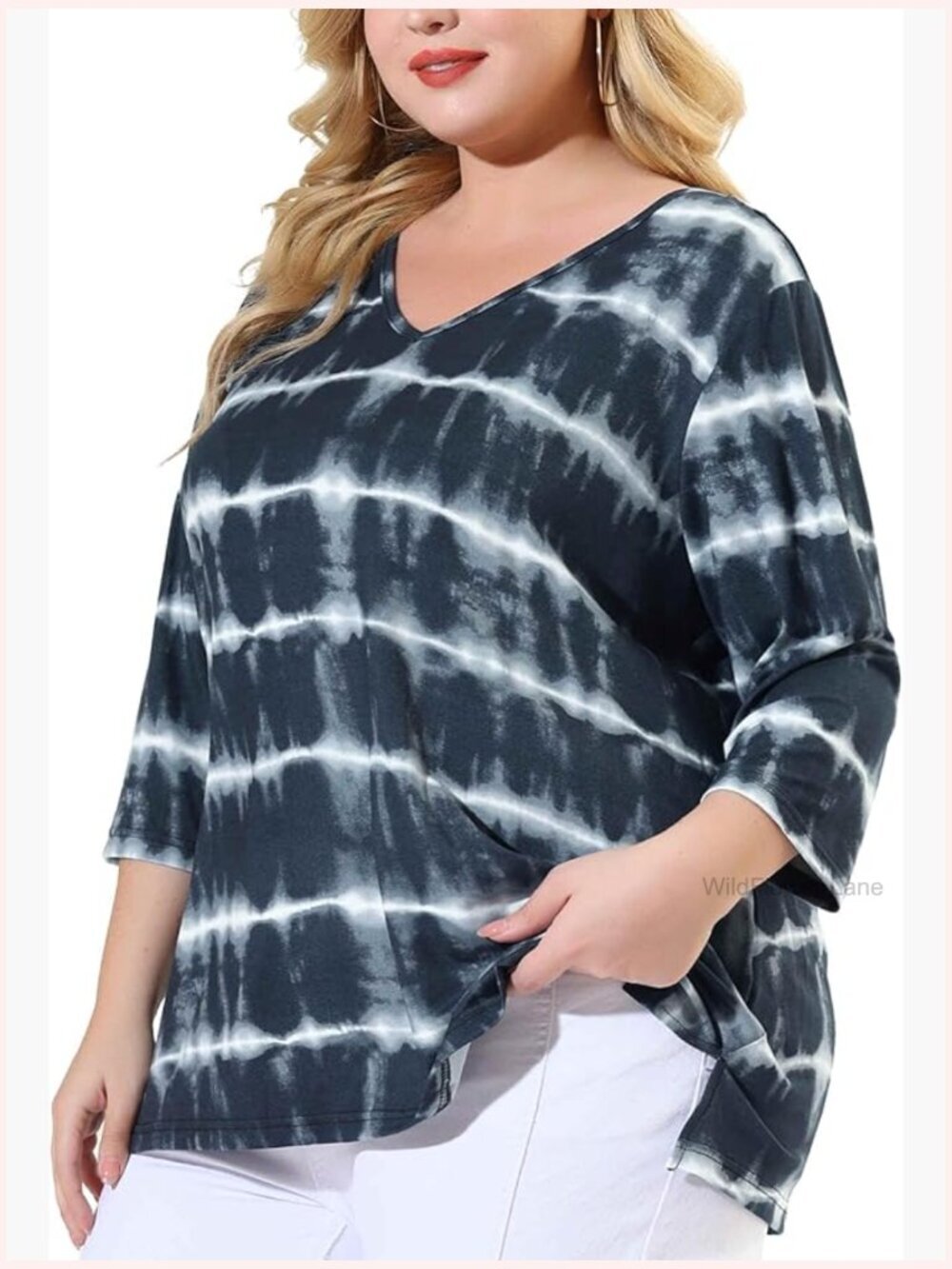 Plus Size V-Neck 3/4 Sleeve Loose Blouse Tie Dye Striped Tunic Top